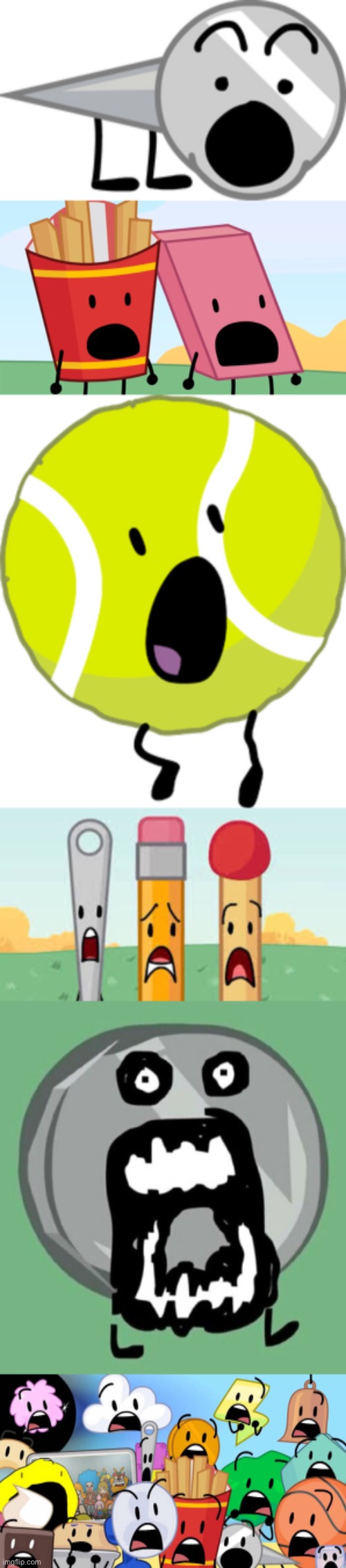 image tagged in bfdi fries and eraser shocked,tennis ball,bfb needle pencil match,horrified nickel bfdi | made w/ Imgflip meme maker