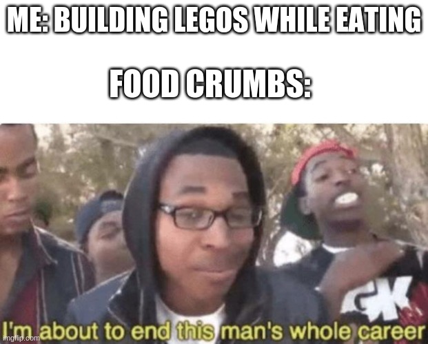 ooh no! i just crushed a crumb in between two lego bricks! | ME: BUILDING LEGOS WHILE EATING; FOOD CRUMBS: | image tagged in i am about to end this man s whole career | made w/ Imgflip meme maker