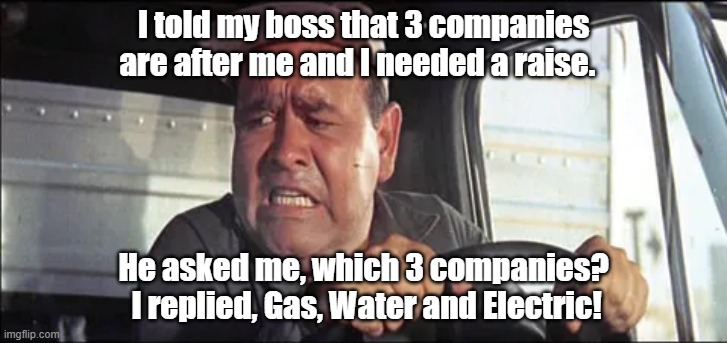 Jonathan Winters  I need a raise meme | I told my boss that 3 companies are after me and I needed a raise. He asked me, which 3 companies?  I replied, Gas, Water and Electric! | image tagged in raise | made w/ Imgflip meme maker