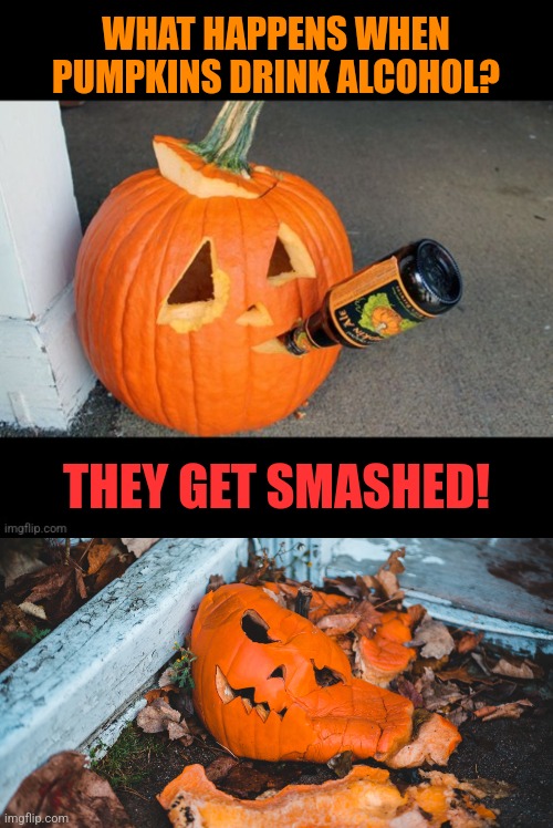 Smashing Pumpkins | WHAT HAPPENS WHEN PUMPKINS DRINK ALCOHOL? THEY GET SMASHED! | image tagged in pumpkins,drinking,smashed,bad joke,halloween,memes | made w/ Imgflip meme maker