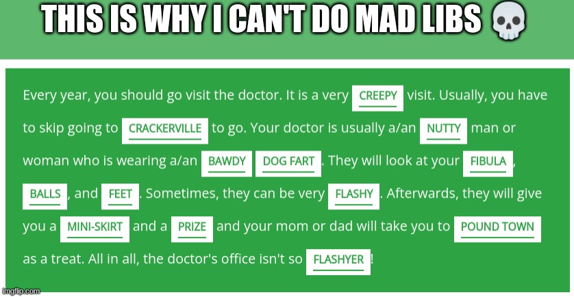 this is why nobody should let me do these | THIS IS WHY I CAN'T DO MAD LIBS 💀 | image tagged in funny,hahaha | made w/ Imgflip meme maker