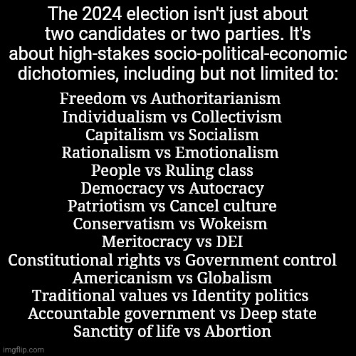 Blank black  template | The 2024 election isn't just about two candidates or two parties. It's about high-stakes socio-political-economic dichotomies, including but not limited to:; Freedom vs Authoritarianism 
Individualism vs Collectivism
Capitalism vs Socialism
Rationalism vs Emotionalism 
People vs Ruling class
Democracy vs Autocracy
Patriotism vs Cancel culture
Conservatism vs Wokeism 
Meritocracy vs DEI
Constitutional rights vs Government control
Americanism vs Globalism
Traditional values vs Identity politics 
Accountable government vs Deep state
Sanctity of life vs Abortion | image tagged in blank black template | made w/ Imgflip meme maker