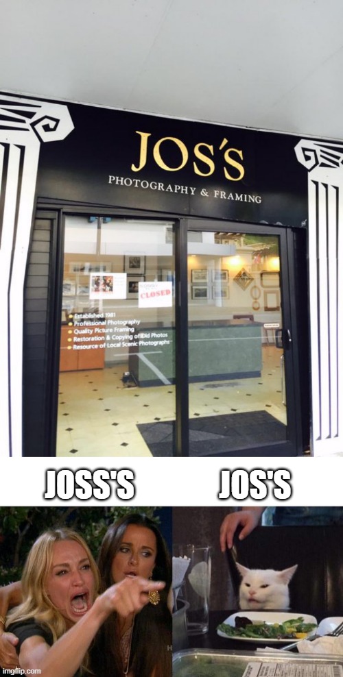 Apostrophe's Matter | JOS'S; JOSS'S | image tagged in memes,woman yelling at cat | made w/ Imgflip meme maker