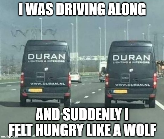 Duran Duran | I WAS DRIVING ALONG; AND SUDDENLY I FELT HUNGRY LIKE A WOLF | image tagged in music | made w/ Imgflip meme maker