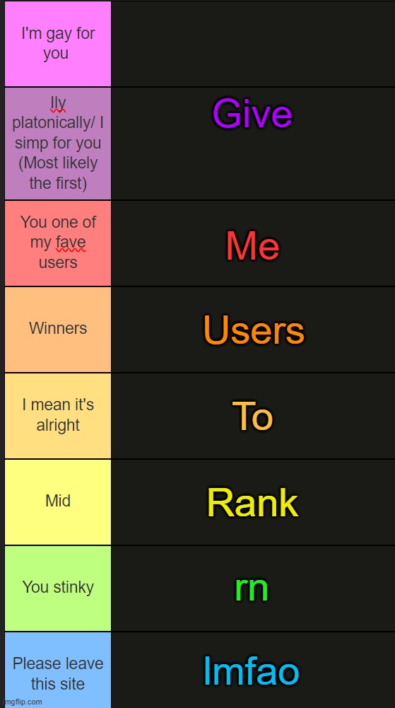 Neko new tier list | Give; Me; Users; To; Rank; rn; lmfao | image tagged in neko new tier list | made w/ Imgflip meme maker