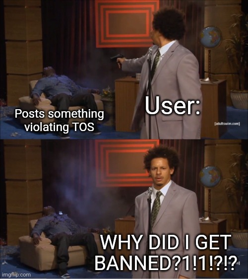 Just follow the damn tos. | User:; Posts something violating TOS; WHY DID I GET BANNED?1!1!?!? | image tagged in memes,who killed hannibal | made w/ Imgflip meme maker