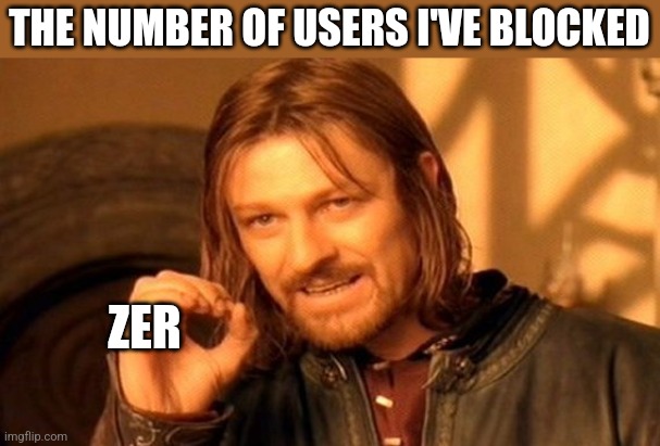 One Does Not Simply Meme | THE NUMBER OF USERS I'VE BLOCKED ZER | image tagged in memes,one does not simply | made w/ Imgflip meme maker