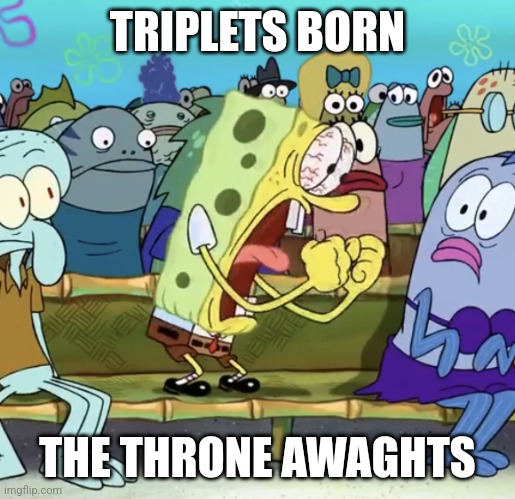 TRIPLETS BORN THE THRONE AWAGHTS | TRIPLETS BORN; THE THRONE AWAGHTS | image tagged in spongebob yelling | made w/ Imgflip meme maker