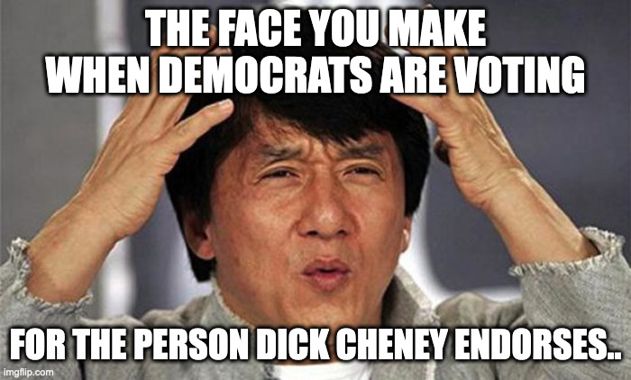 That face you make | THE FACE YOU MAKE WHEN DEMOCRATS ARE VOTING; FOR THE PERSON DICK CHENEY ENDORSES.. | image tagged in that face you make | made w/ Imgflip meme maker