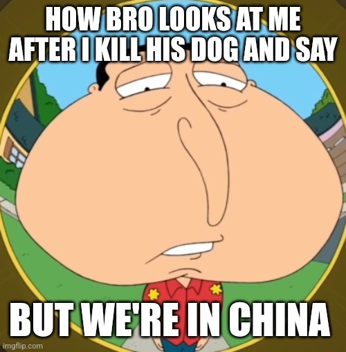 Quagmire dog | HOW BRO LOOKS AT ME AFTER I KILL HIS DOG AND SAY; BUT WE'RE IN CHINA | image tagged in no bitches quagmire | made w/ Imgflip meme maker