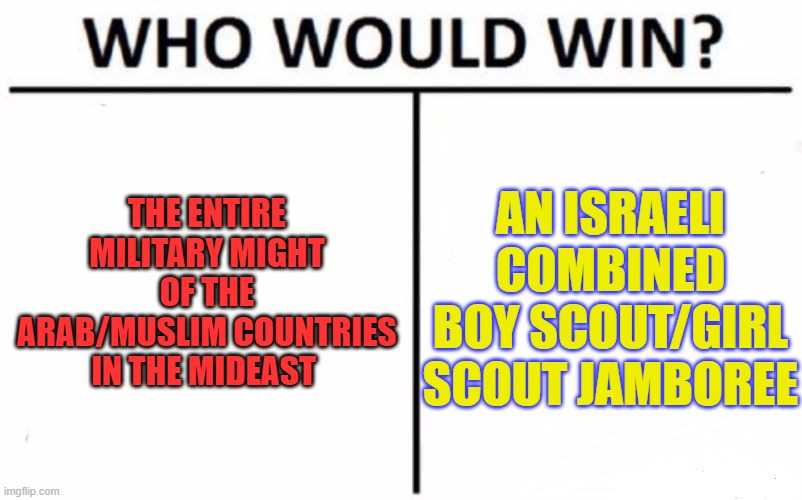 I'm betting on the ones with the smores | THE ENTIRE MILITARY MIGHT OF THE ARAB/MUSLIM COUNTRIES IN THE MIDEAST; AN ISRAELI COMBINED BOY SCOUT/GIRL SCOUT JAMBOREE | image tagged in who would win,middle east | made w/ Imgflip meme maker