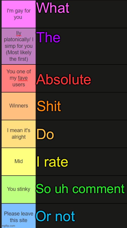 Neko new tier list | What; The; Absolute; Shit; Do; I rate; So uh comment; Or not | image tagged in neko new tier list | made w/ Imgflip meme maker