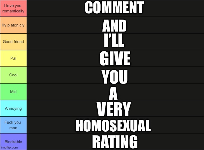 Potassium’s tier list | COMMENT; AND; I’LL; GIVE; YOU; A; VERY; HOMOSEXUAL; RATING | image tagged in potassium s tier list | made w/ Imgflip meme maker