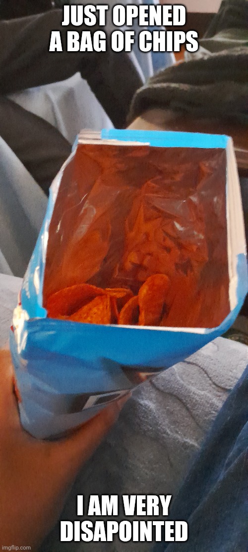 Tiref of this bulls#%t | JUST OPENED A BAG OF CHIPS; I AM VERY DISAPOINTED | image tagged in chips | made w/ Imgflip meme maker