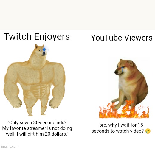 twitch ads go crazy | Twitch Enjoyers; YouTube Viewers; bro, why I wait for 15 seconds to watch video? 😢; "Only seven 30-second ads? My favorite streamer is not doing well. I will gift him 20 dollars." | image tagged in memes,buff doge vs cheems | made w/ Imgflip meme maker