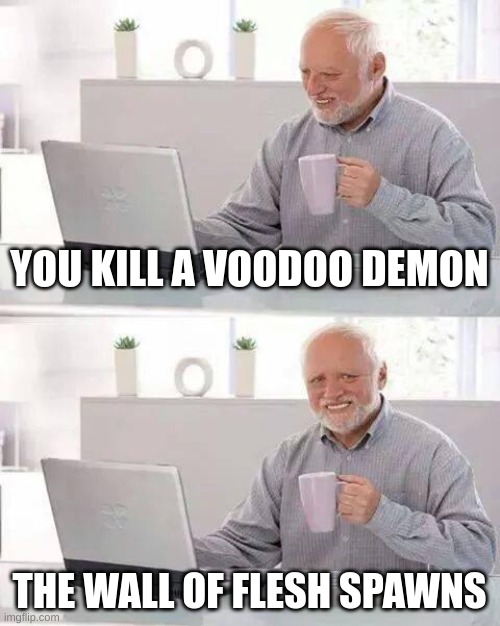 Hide the Pain Harold | YOU KILL A VOODOO DEMON; THE WALL OF FLESH SPAWNS | image tagged in memes,hide the pain harold,terraria | made w/ Imgflip meme maker