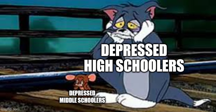 Depressed Tom and Jerry | DEPRESSED HIGH SCHOOLERS; DEPRESSED MIDDLE SCHOOLERS | image tagged in depressed tom and jerry | made w/ Imgflip meme maker