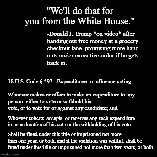 Apparently willing accomplices don't scratch the itch anymore; now he's dragging innocent bystanders into his crapulence... | "We'll do that for you from the White House."; -Donald J. Trump *on video* after
handing out free money at a grocery
checkout lane, promising more hand-
outs under executive order if he gets
back in. 18 U.S. Code § 597 - Expenditures to influence voting
 
Whoever makes or offers to make an expenditure to any person, either to vote or withhold his vote, or to vote for or against any candidate; and; Whoever solicits, accepts, or receives any such expenditure in consideration of his vote or the withholding of his vote—; Shall be fined under this title or imprisoned not more than one year, or both; and if the violation was willful, shall be fined under this title or imprisoned not more than two years, or both. | image tagged in plain black template,convicted felon,crime,way to go,dumbass | made w/ Imgflip meme maker