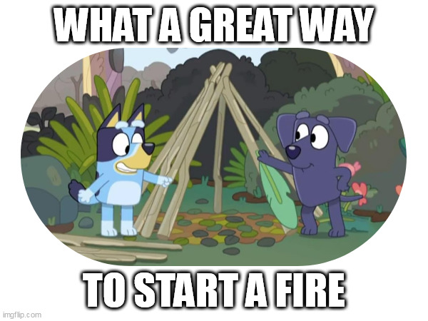 Fire??? | WHAT A GREAT WAY; TO START A FIRE | image tagged in bluey | made w/ Imgflip meme maker