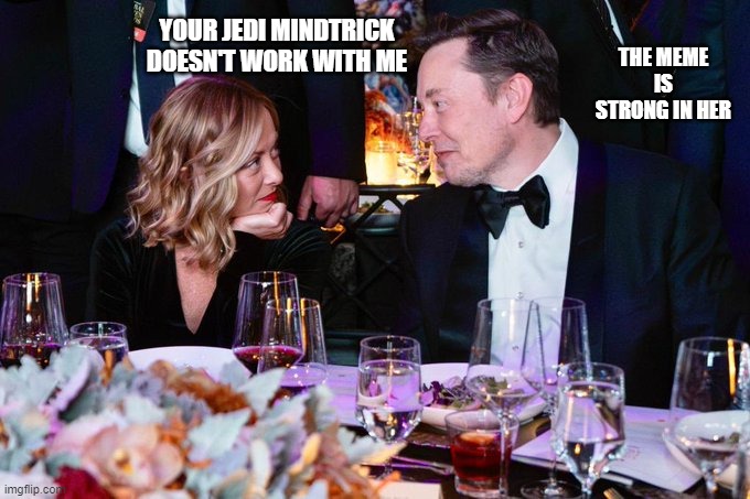 The meme is strong in her | THE MEME IS STRONG IN HER; YOUR JEDI MINDTRICK DOESN'T WORK WITH ME | image tagged in elon musk | made w/ Imgflip meme maker