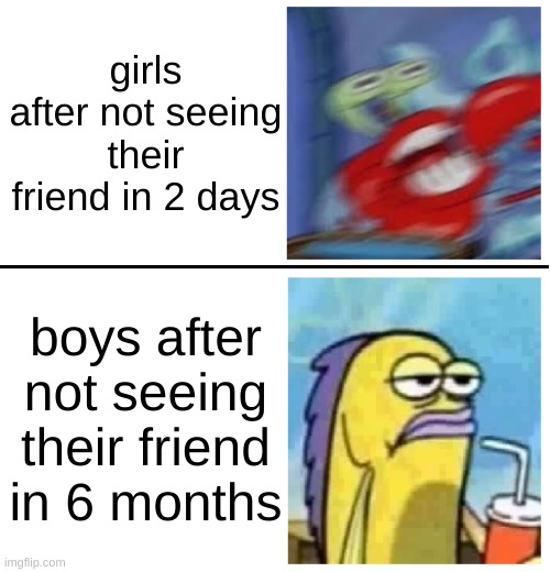 Interesting | girls after not seeing their friend in 2 days; boys after not seeing their friend in 6 months | image tagged in excited vs bored,boys,girls,friends | made w/ Imgflip meme maker