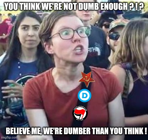 impeach drumpf angry liberal | YOU THINK WE'RE NOT DUMB ENOUGH ? ! ? BELIEVE ME, WE'RE DUMBER THAN YOU THINK ! | image tagged in impeach drumpf angry liberal | made w/ Imgflip meme maker