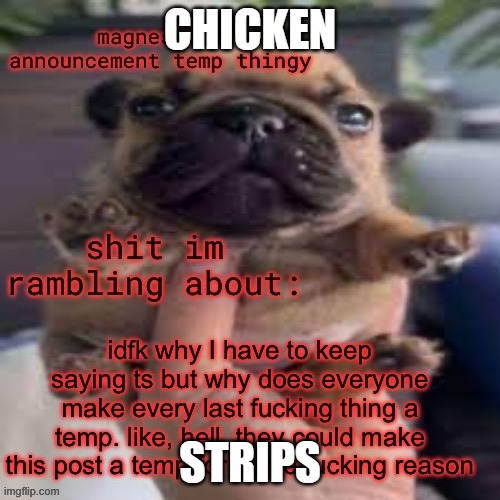toad's weeny little rage thingy temp | CHICKEN; STRIPS | image tagged in toad's weeny little rage thingy temp | made w/ Imgflip meme maker
