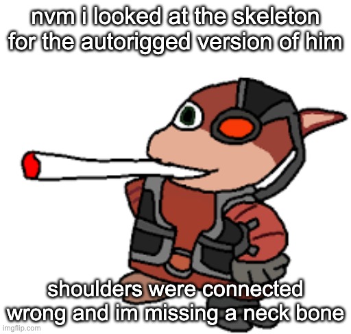 piss | nvm i looked at the skeleton for the autorigged version of him; shoulders were connected wrong and im missing a neck bone | image tagged in grox with a fat blunt | made w/ Imgflip meme maker