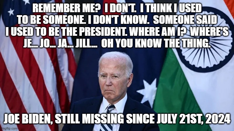 Do we still have a president running this country or is it just the deep state or has it always been the deep state? | REMEMBER ME?  I DON'T.  I THINK I USED TO BE SOMEONE. I DON'T KNOW.  SOMEONE SAID I USED TO BE THE PRESIDENT. WHERE AM I?  WHERE'S JE... JO... JA... JILL...  OH YOU KNOW THE THING. JOE BIDEN, STILL MISSING SINCE JULY 21ST, 2024 | image tagged in where in the world is joseph biden,awol president | made w/ Imgflip meme maker