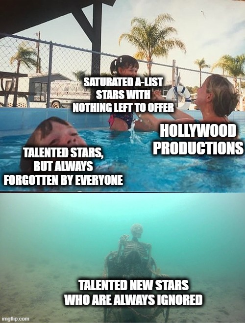 I know the truth can be painful, but this represents Hollywood nowadays... | SATURATED A-LIST STARS WITH NOTHING LEFT TO OFFER; HOLLYWOOD PRODUCTIONS; TALENTED STARS, BUT ALWAYS FORGOTTEN BY EVERYONE; TALENTED NEW STARS WHO ARE ALWAYS IGNORED | image tagged in mother ignoring kid drowning in a pool | made w/ Imgflip meme maker