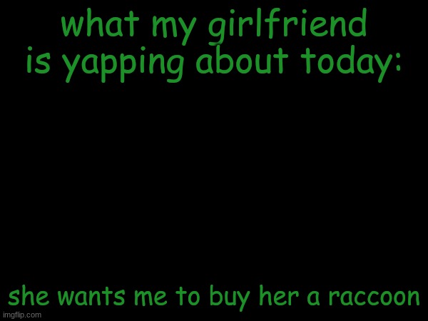 esco mayo's temp | what my girlfriend is yapping about today:; she wants me to buy her a raccoon | image tagged in esco mayo's temp | made w/ Imgflip meme maker