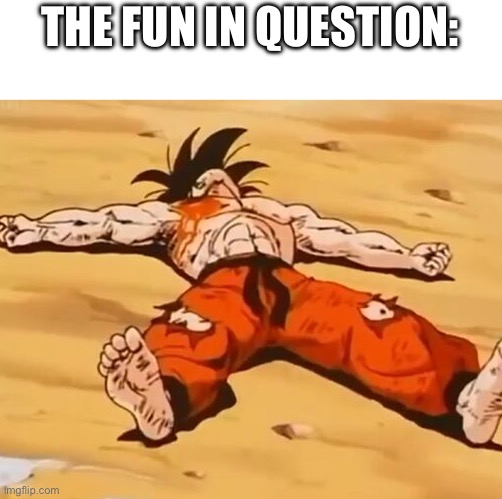 Dead goku (he is ded) | THE FUN IN QUESTION: | image tagged in dead goku he is ded | made w/ Imgflip meme maker