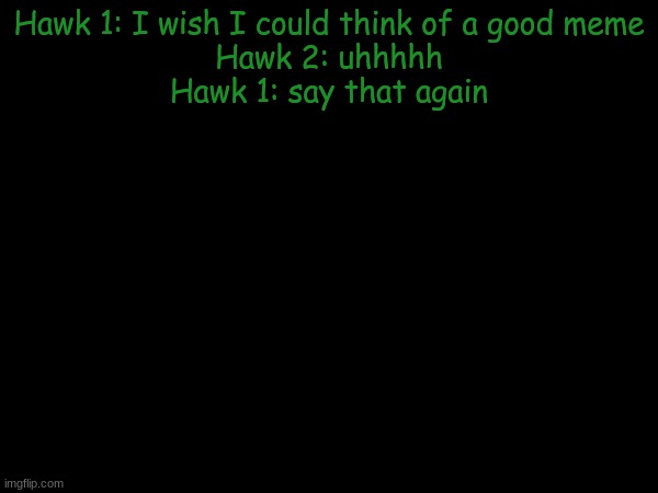 esco mayo's temp | Hawk 1: I wish I could think of a good meme

Hawk 2: uhhhhh

Hawk 1: say that again | image tagged in esco mayo's temp | made w/ Imgflip meme maker