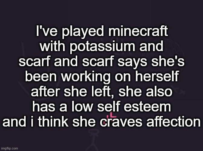 i dont think she (pretend i finished this sentence) | I've played minecraft with potassium and scarf and scarf says she's been working on herself after she left, she also has a low self esteem and i think she craves affection | image tagged in vik's image | made w/ Imgflip meme maker