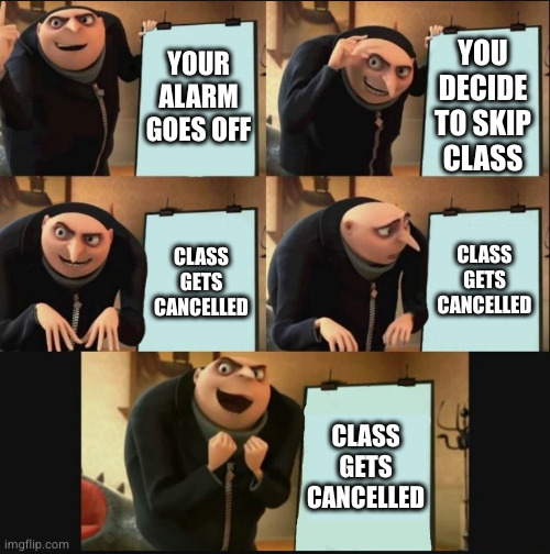 woohoo no makeup work! | YOUR ALARM GOES OFF; YOU
DECIDE
TO SKIP
CLASS; CLASS GETS CANCELLED; CLASS GETS CANCELLED; CLASS GETS CANCELLED | image tagged in 5 panel gru meme | made w/ Imgflip meme maker