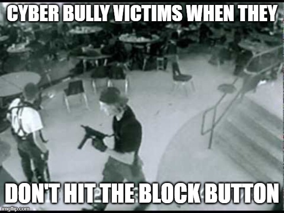 Columbine school shooting | CYBER BULLY VICTIMS WHEN THEY DON'T HIT THE BLOCK BUTTON | image tagged in columbine school shooting | made w/ Imgflip meme maker