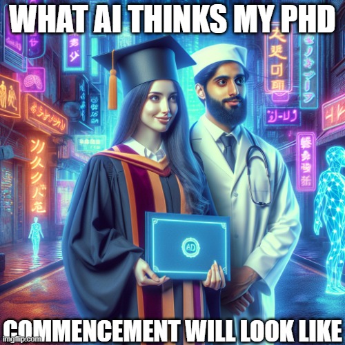 Commencement 2025 | WHAT AI THINKS MY PHD; COMMENCEMENT WILL LOOK LIKE | image tagged in grad school,nursing,phd,graduation | made w/ Imgflip meme maker