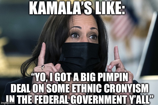 KAMALA’S LIKE:; “YO, I GOT A BIG PIMPIN DEAL ON SOME ETHNIC CRONYISM IN THE FEDERAL GOVERNMENT Y’ALL” | made w/ Imgflip meme maker