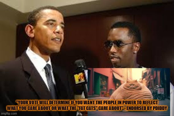 Sick of these people yet? | "YOUR VOTE WILL DETERMINE IF YOU WANT THE PEOPLE IN POWER TO REFLECT WHAT YOU CARE ABOUT OR WHAT THE "FAT CATS" CARE ABOUT" - ENDORSED BY PDIDDY | image tagged in pdiddy,obama,kamala,trump,election | made w/ Imgflip meme maker