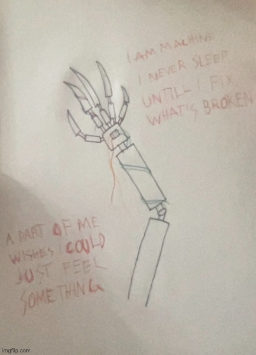 drew this mechanical hand bored one day in class and decided to recreate it | made w/ Imgflip meme maker