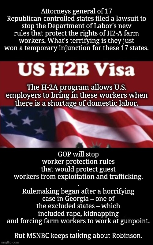 Teamsters Endorse Harris, GOP Harms Union Field Workers | Attorneys general of 17 Republican-controlled states filed a lawsuit to stop the Department of Labor's new rules that protect the rights of H2-A farm workers. What's terrifying is they just won a temporary injunction for these 17 states. GOP will stop worker protection rules that would protect guest workers from exploitation and trafficking.
.
Rulemaking began after a horrifying case in Georgia – one of the excluded states – which included rape, kidnapping and forcing farm workers to work at gunpoint.
.
But MSNBC keeps talking about Robinson. The H-2A program allows U.S. employers to bring in these workers when there is a shortage of domestic labor. | image tagged in msnbc,immigrants,teamsters,dnc | made w/ Imgflip meme maker