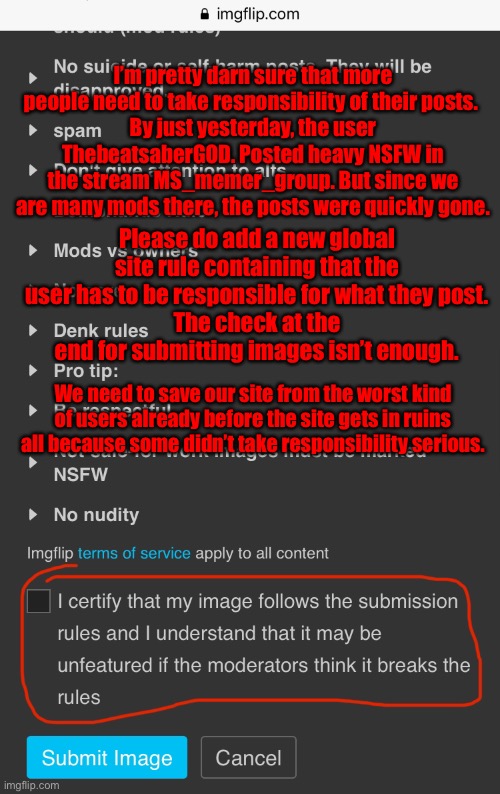 Seriously guys, the past spam bots had the same problem. | I’m pretty darn sure that more people need to take responsibility of their posts. 
By just yesterday, the user ThebeatsaberGOD. Posted heavy NSFW in the stream MS_memer_group. But since we are many mods there, the posts were quickly gone. Please do add a new global site rule containing that the user has to be responsible for what they post.
The check at the end for submitting images isn’t enough. We need to save our site from the worst kind of users already before the site gets in ruins all because some didn’t take responsibility serious. | image tagged in imgflip update idea,responsibility for your own posts | made w/ Imgflip meme maker