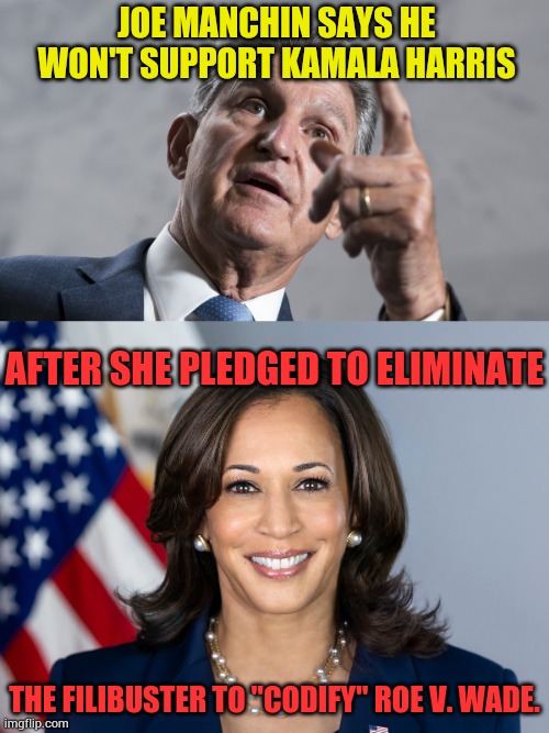 Even Democrats Are Running Away From Kamala Harris | JOE MANCHIN SAYS HE WON'T SUPPORT KAMALA HARRIS; AFTER SHE PLEDGED TO ELIMINATE; THE FILIBUSTER TO "CODIFY" ROE V. WADE. | image tagged in memes,democrats,run away,kamala harris,eliminate,filibuster | made w/ Imgflip meme maker