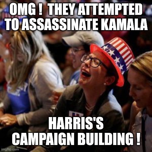 Trump is behind this ! | OMG !  THEY ATTEMPTED TO ASSASSINATE KAMALA; HARRIS'S CAMPAIGN BUILDING ! | image tagged in crying liberal,assassin,assassination,presidential race,donald trump,kamala harris | made w/ Imgflip meme maker