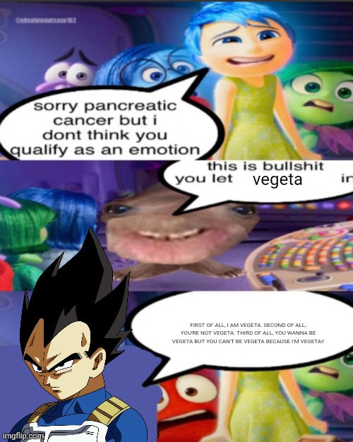 sorry pancreatic cancer but I don’t think you qualify as an emot | vegeta FIRST OF ALL, I AM VEGETA. SECOND OF ALL, YOU'RE NOT VEGETA. THIRD OF ALL, YOU WANNA BE VEGETA BUT YOU CAN'T BE VEGETA BECAUSE I'M VE | image tagged in sorry pancreatic cancer but i don t think you qualify as an emot | made w/ Imgflip meme maker