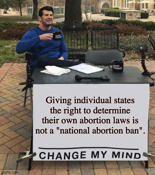 What kind of a political party makes killing babies its top policy priority? | Giving individual states the right to determine their own abortion laws is not a "national abortion ban". | image tagged in change my mind tilt-corrected,change my mind | made w/ Imgflip meme maker