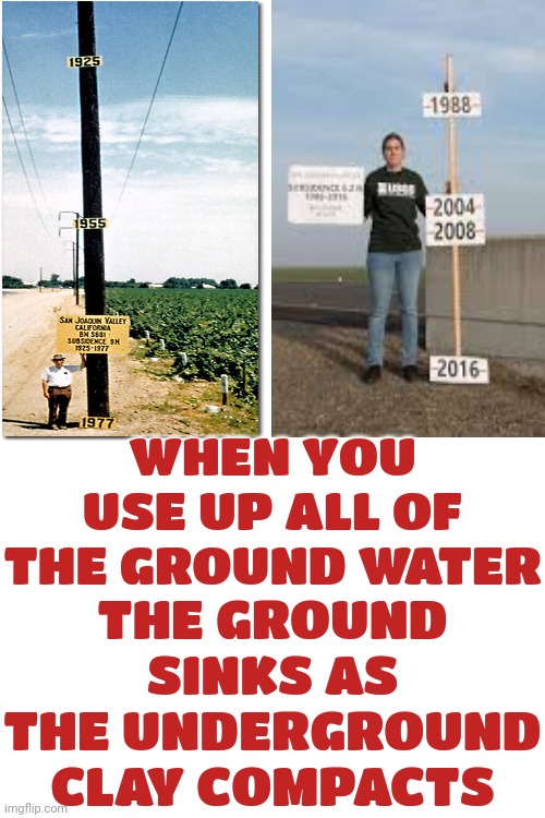 Water Is A Commodity | THE GROUND SINKS AS THE UNDERGROUND CLAY COMPACTS; WHEN YOU USE UP ALL OF THE GROUND WATER | image tagged in water,life on earth,be aware,pay attention,knowledge is power,memes | made w/ Imgflip meme maker