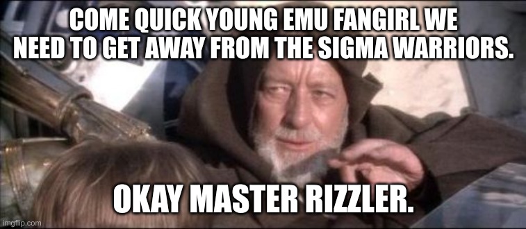 These Aren't The Droids You Were Looking For Meme | COME QUICK YOUNG EMU FANGIRL WE NEED TO GET AWAY FROM THE SIGMA WARRIORS. OKAY MASTER RIZZLER. | image tagged in memes,these aren't the droids you were looking for | made w/ Imgflip meme maker