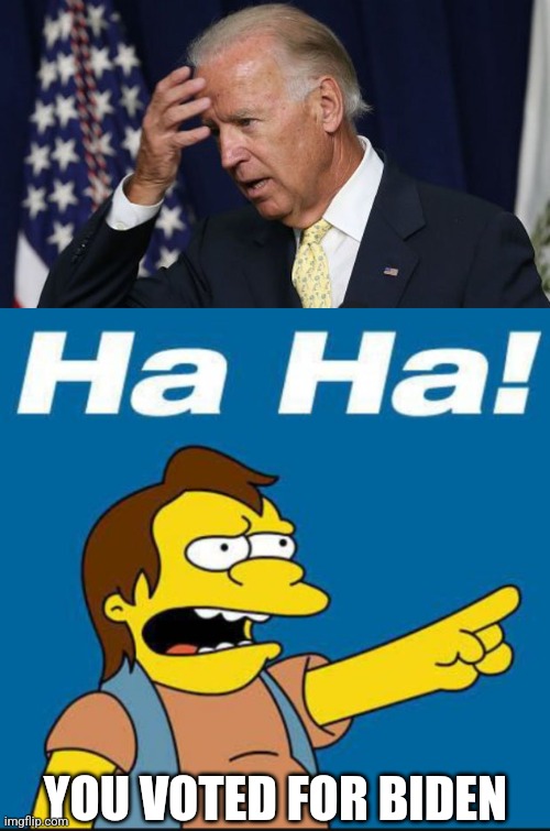 YOU VOTED FOR BIDEN | image tagged in joe biden worries,nelson laugh old | made w/ Imgflip meme maker