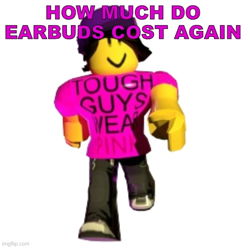 I fucking lost mine wtf | HOW MUCH DO EARBUDS COST AGAIN | image tagged in tough guys wear pink | made w/ Imgflip meme maker